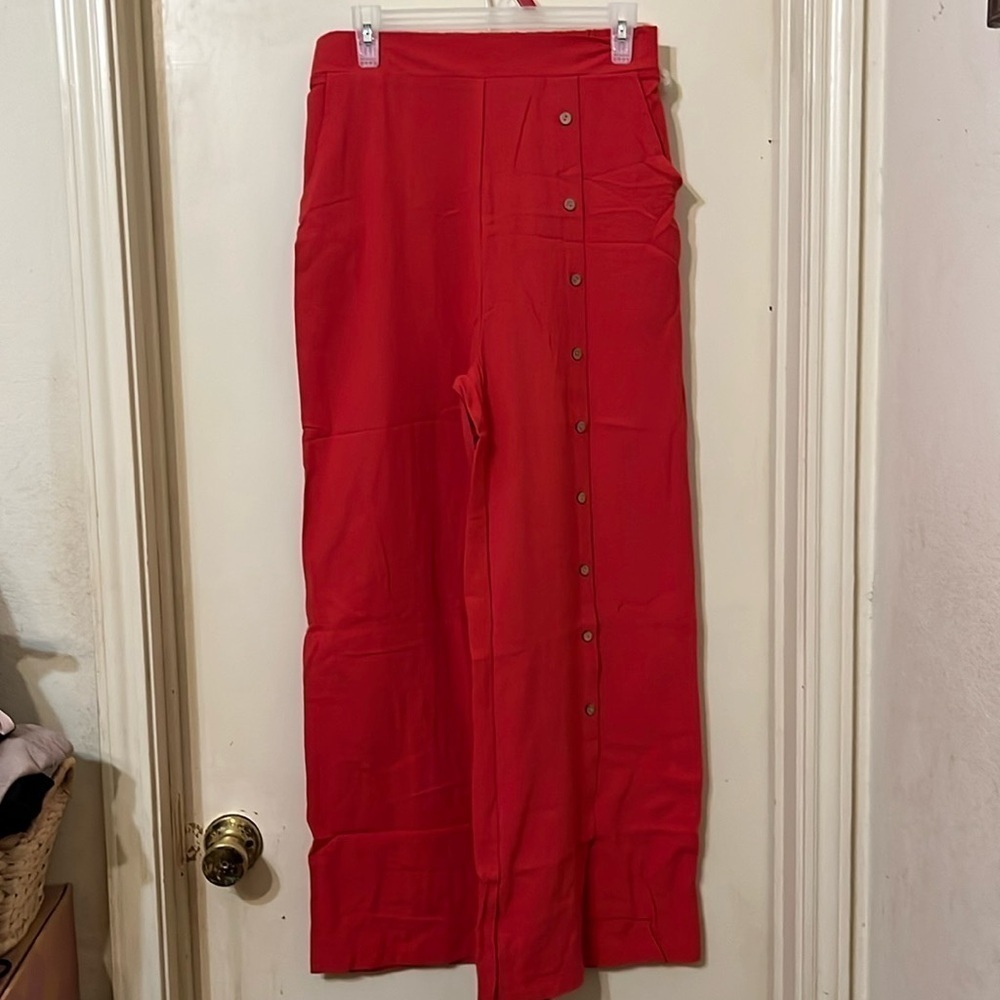 NEW Women's Button Split High Waist Wide Leg Long Pants Trousers with Pocket